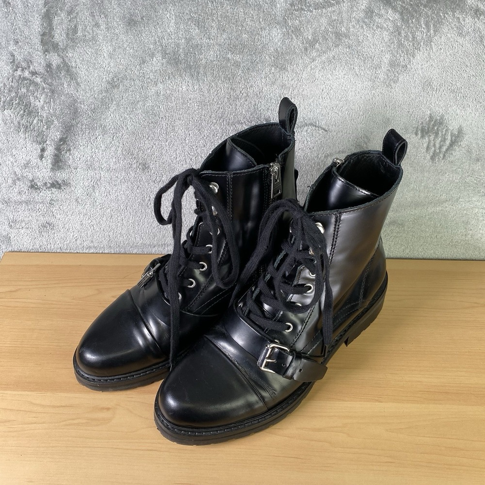 All Saints Boots Womens 39 US 9 Black Donita Leather Combat Buckle Cap Toe Lug - Picture 1 of 16